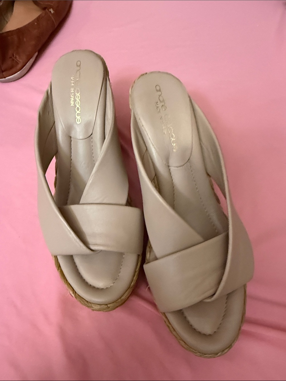 Andre Assous Beige Cross-Strap Espadrille Wedges